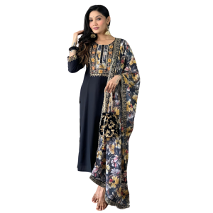 Women's Roman Silk Embroidered Black Colour Kurta With Bottom & Dupatta (Pack of 1)