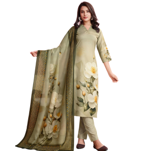 Floral & Leaf Straight Kurta With Pant Dark Green American Crepe & Printed Dupatta Set (Pack of 1)