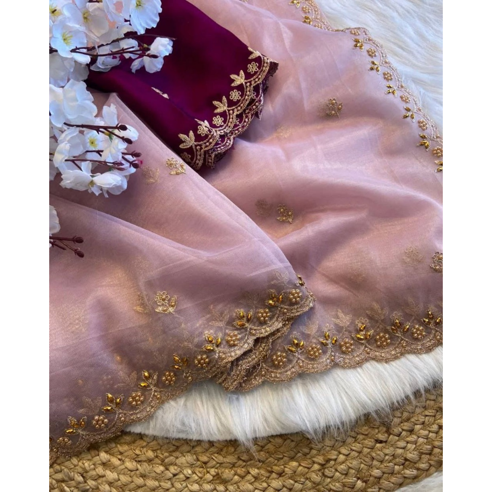 Elegant Net Saree with Golden Embroidered Border & Contrast BP (Pack of 1)