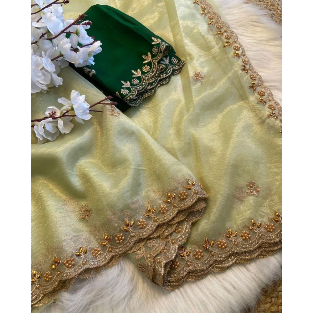 Elegant Net Saree with Golden Embroidered Border & Contrast BP (Pack of 1)
