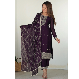 Elegant Dark Purple Embroidered Straight-Cut Suit Set with Dupatta