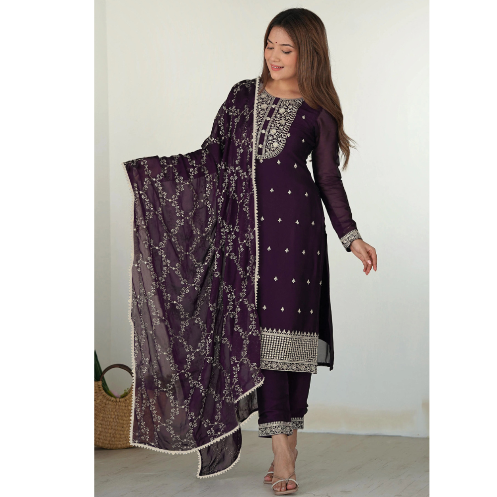 Elegant Dark Purple Embroidered Straight-Cut Suit Set with Dupatta