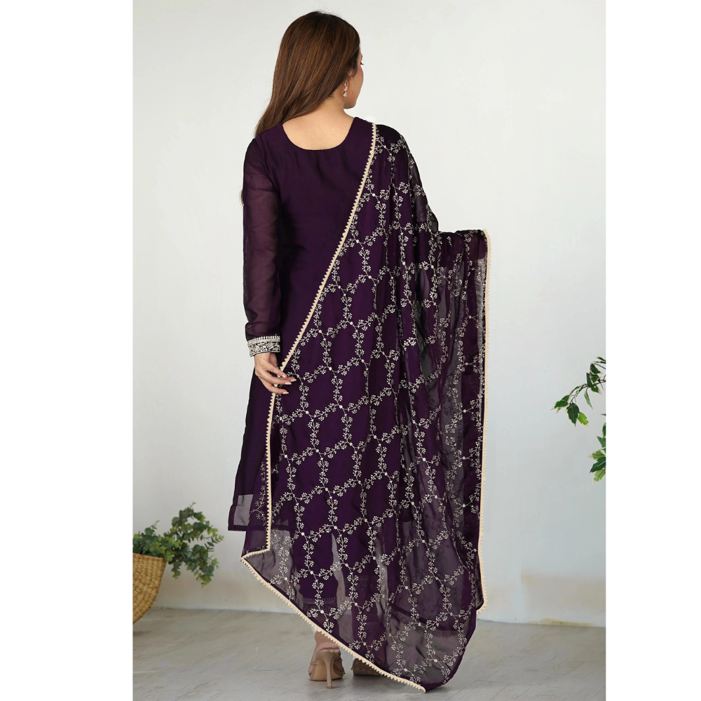 Elegant Dark Purple Embroidered Straight-Cut Suit Set with Dupatta