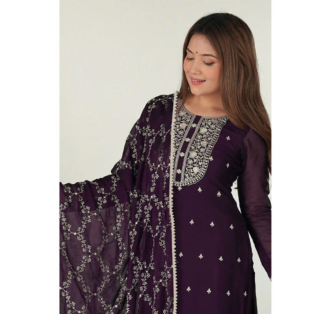 Elegant Dark Purple Embroidered Straight-Cut Suit Set with Dupatta