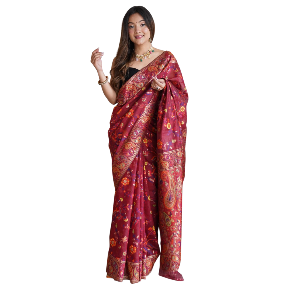 Maroon Silk Blend Saree with Intricate Paisley & Floral Print Jacquard Border (Pack of 1)