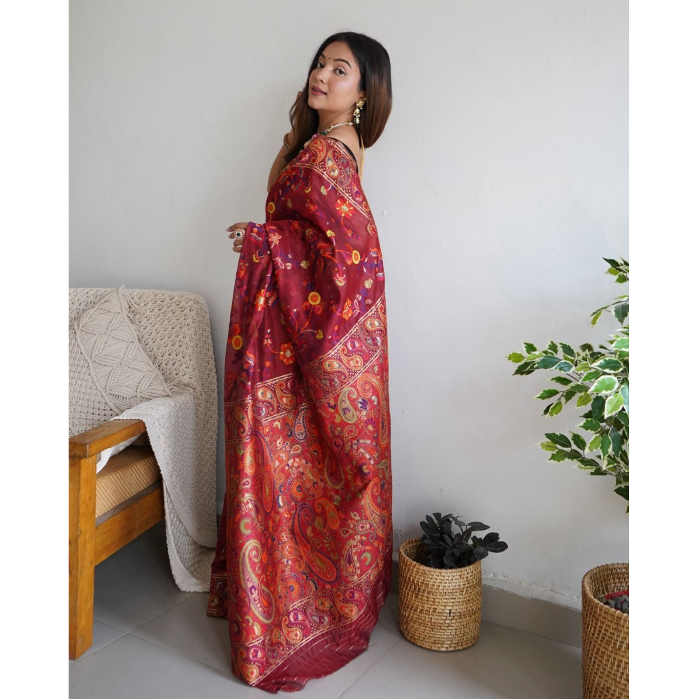 Maroon Silk Blend Saree with Intricate Paisley & Floral Print Jacquard Border (Pack of 1)