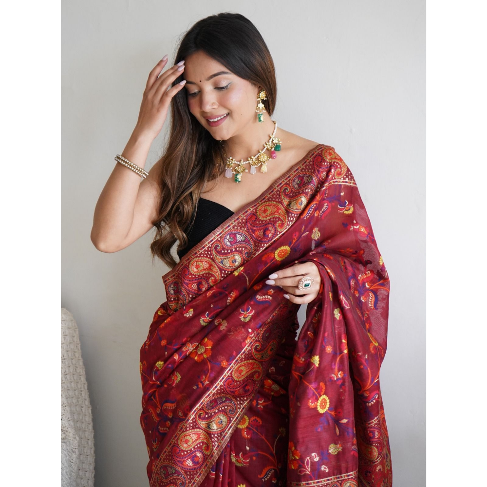 Maroon Silk Blend Saree with Intricate Paisley & Floral Print Jacquard Border (Pack of 1)
