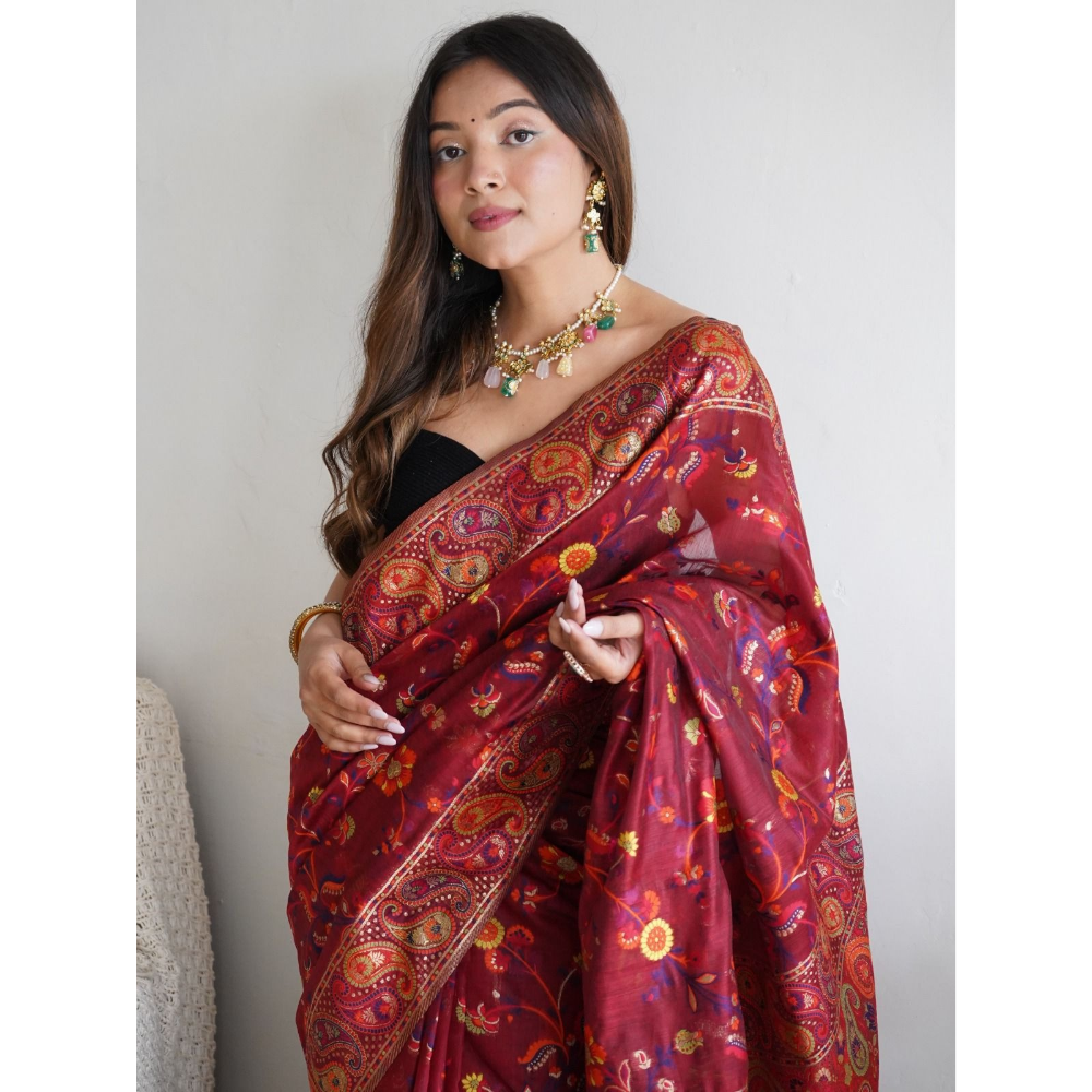 Maroon Silk Blend Saree with Intricate Paisley & Floral Print Jacquard Border (Pack of 1)