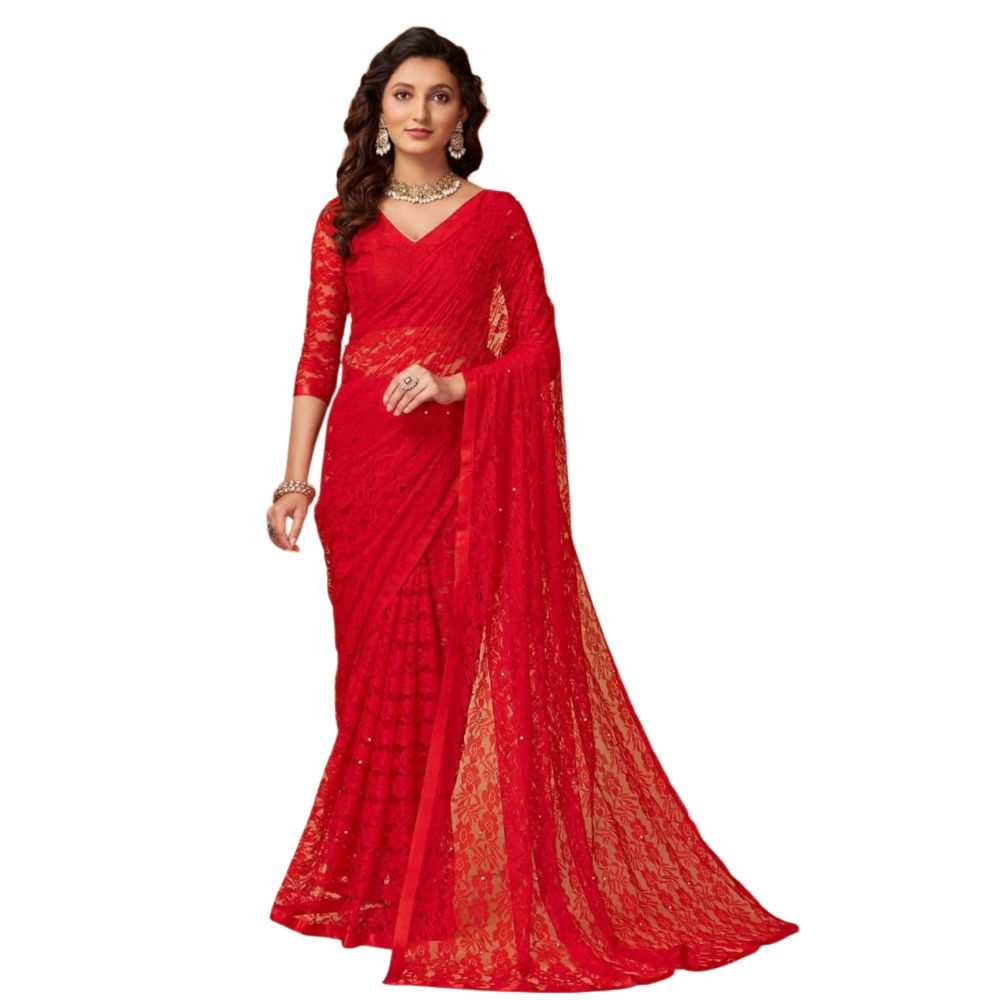 Women's Stylish Soft Net Floral Print Saree (Pack of 1)