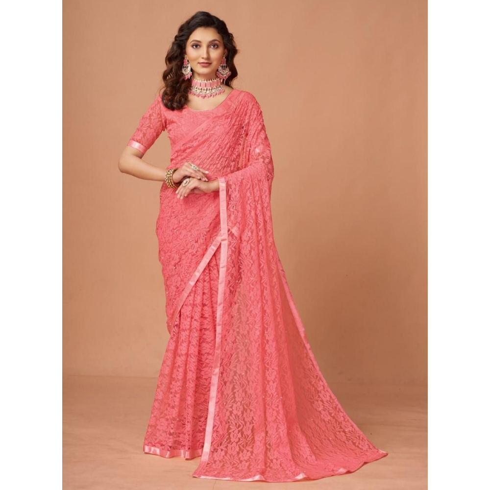 Women's Stylish Soft Net Floral Print Saree (Pack of 1)