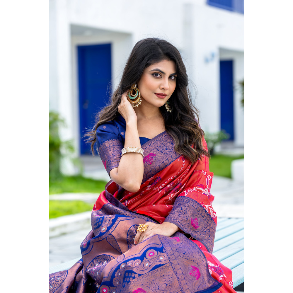 Women's Kanjivaram Silk Banarasi Zari Design Saree With Blouse Piece (Pack of 1)