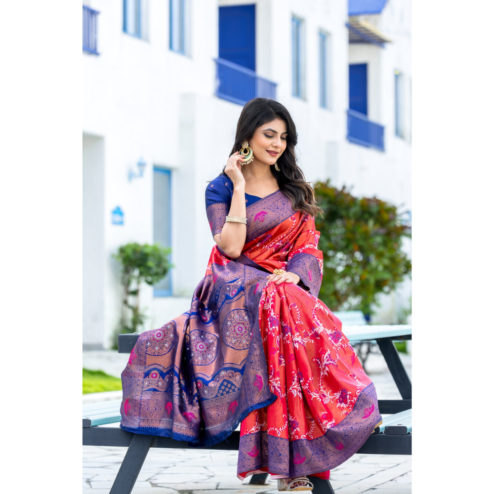 Women's Kanjivaram Silk Banarasi Zari Design Saree With Blouse Piece (Pack of 1)