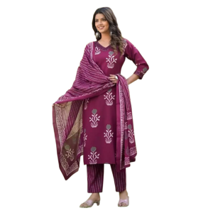 Women's Cotton Blend Printed Straight Kurta with Dupatta Set (Pack of 1)