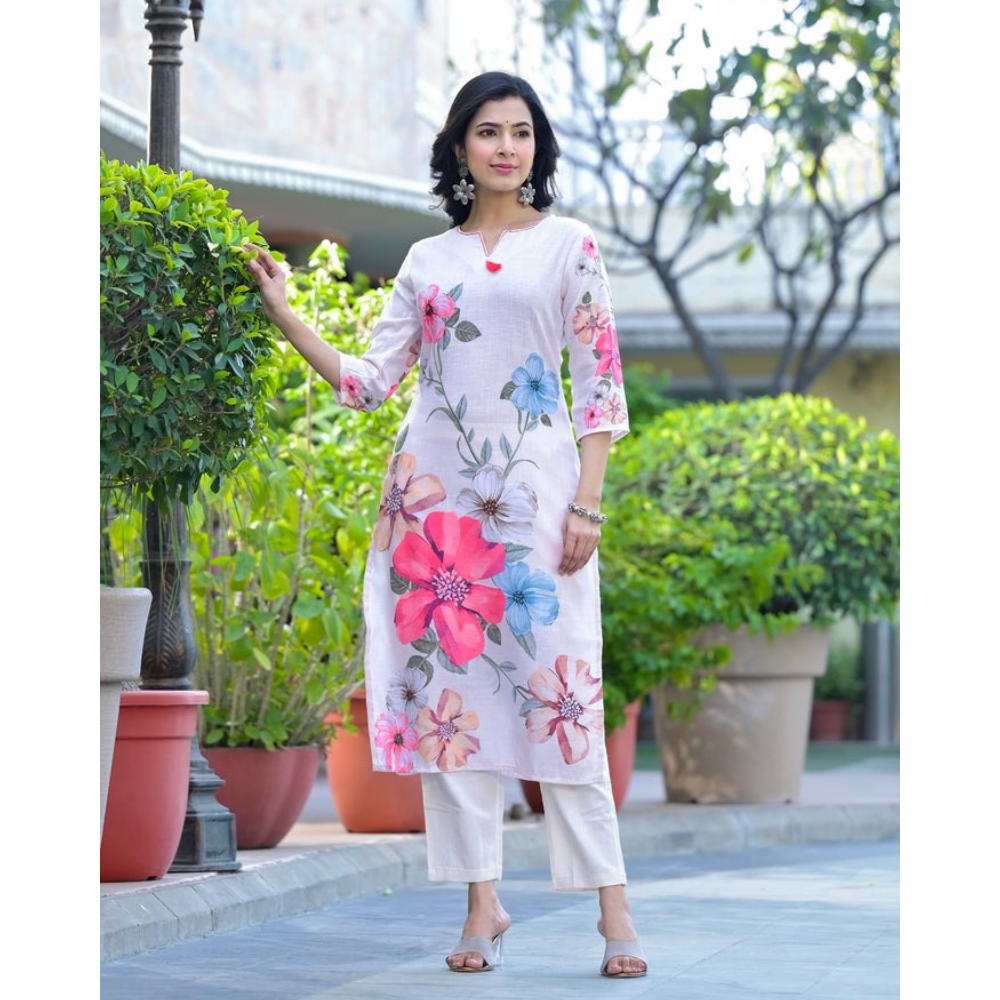 Women's Cotton Blend Printed Straight Kurta with Dupatta Set (Pack of 1)