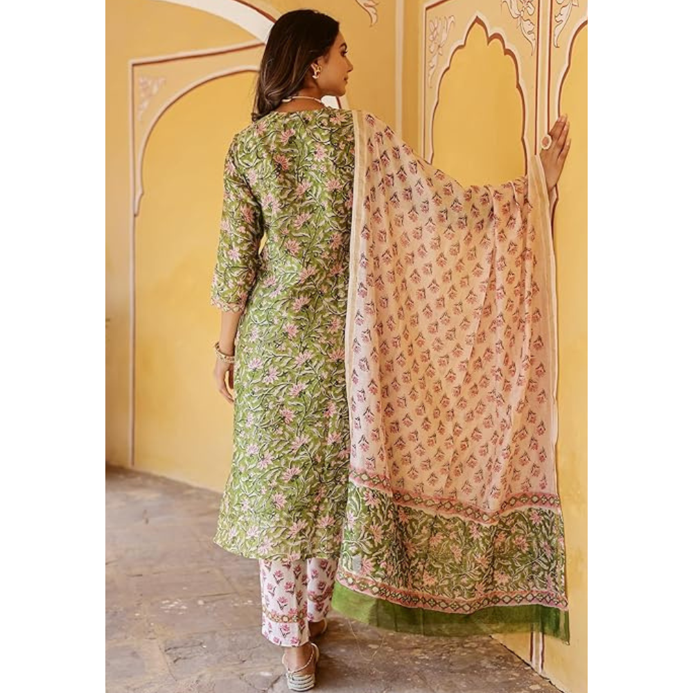 Women's Cotton Blend Floral Printed Straight Kurta with Pant Set (Pack of 1)