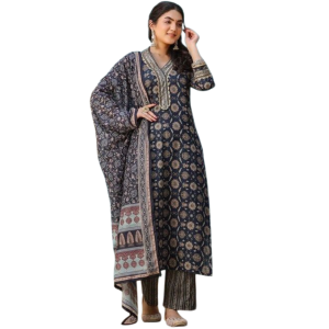 Women's Cotton Blend Printed Straight Kurta with Pant with Dupatta Set (Pack of 1)