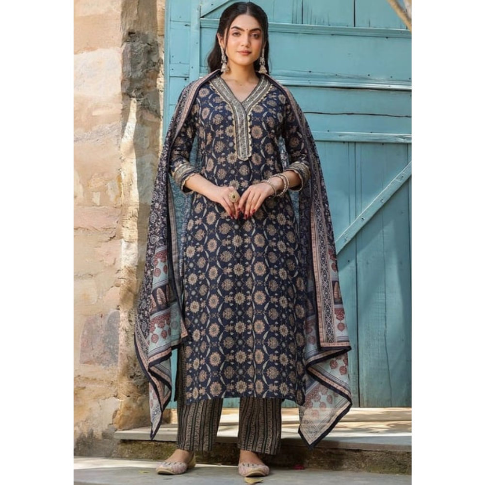 Women's Cotton Blend Printed Straight Kurta with Pant with Dupatta Set (Pack of 1)