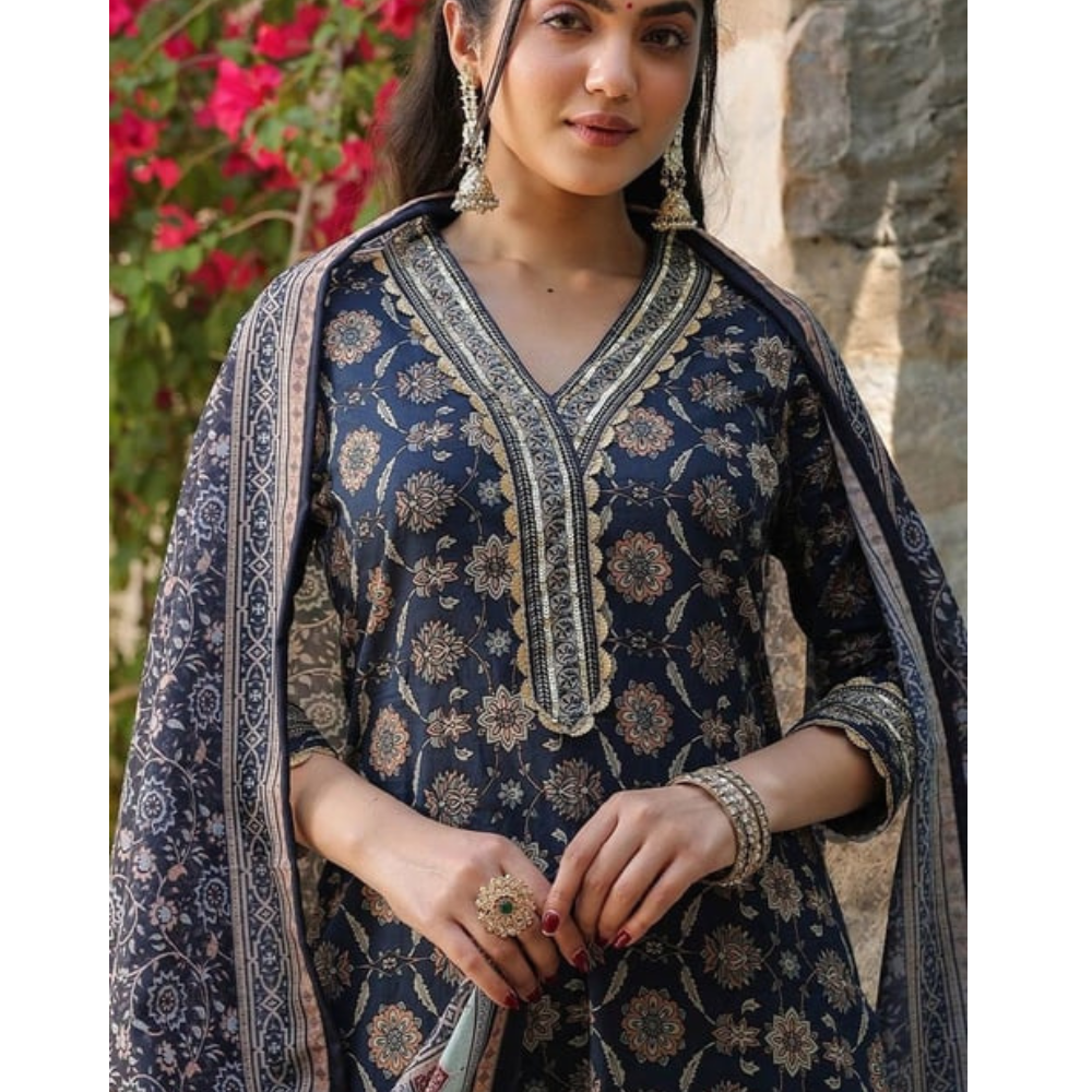 Women's Cotton Blend Printed Straight Kurta with Pant with Dupatta Set (Pack of 1)