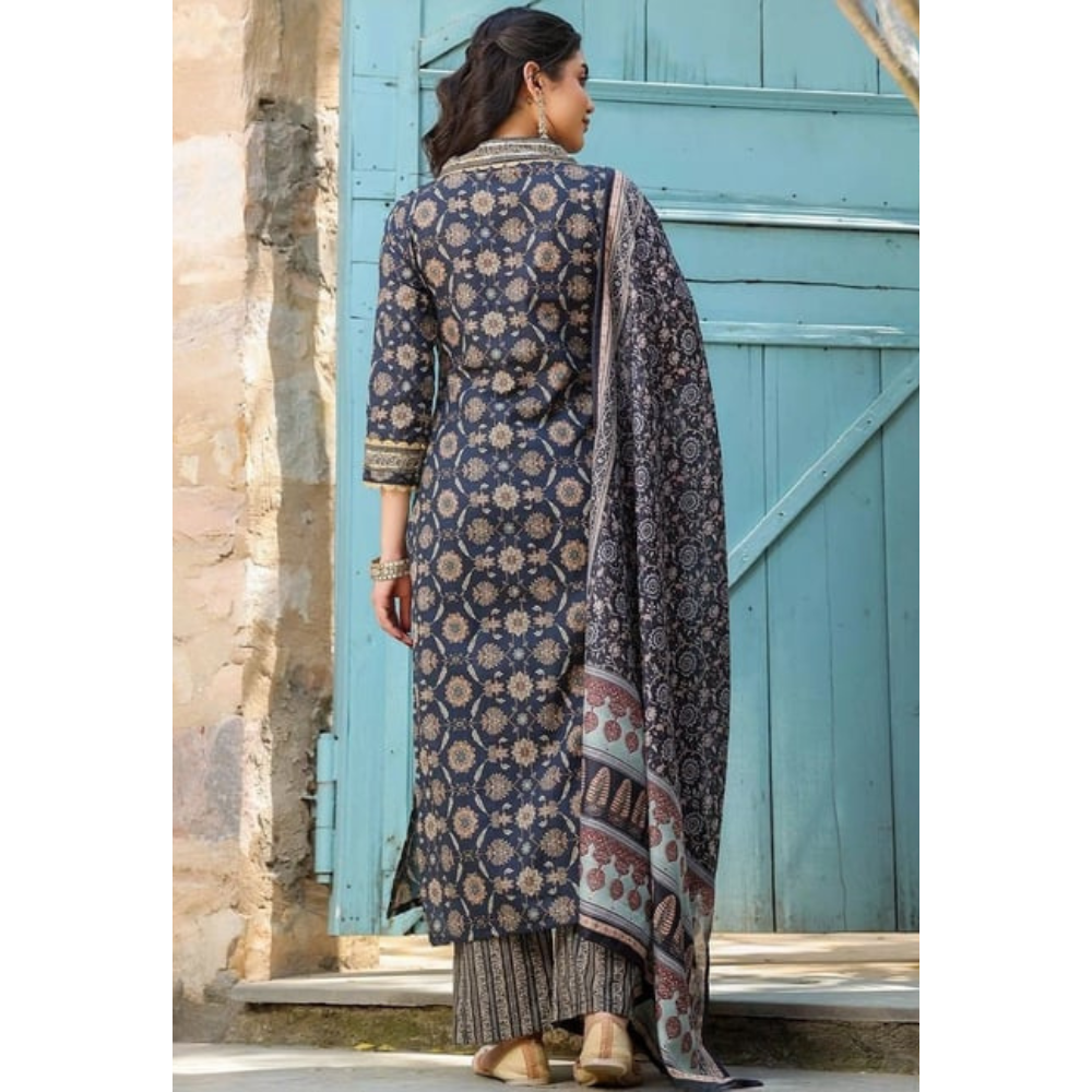 Women's Cotton Blend Printed Straight Kurta with Pant with Dupatta Set (Pack of 1)
