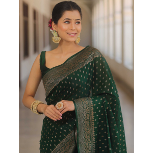 Women's Silk Blend Booti Print Jacquard Saree with Zari Border (Pack of 1)