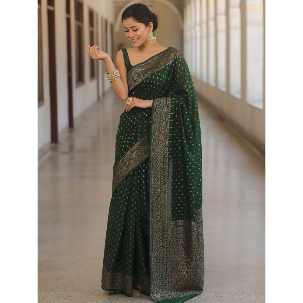 Women's Silk Blend Booti Print Jacquard Saree with Zari Border (Pack of 1)