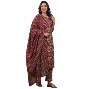 Women's Cotton Blend Printed Straight Kurta - Pant with Dupatta Set (Pack of 1)