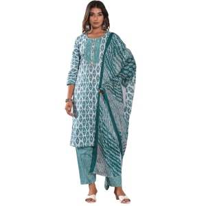 Women's Cotton Blend Printed Straight Kurta - Pant with Dupatta Set (Pack of 1)