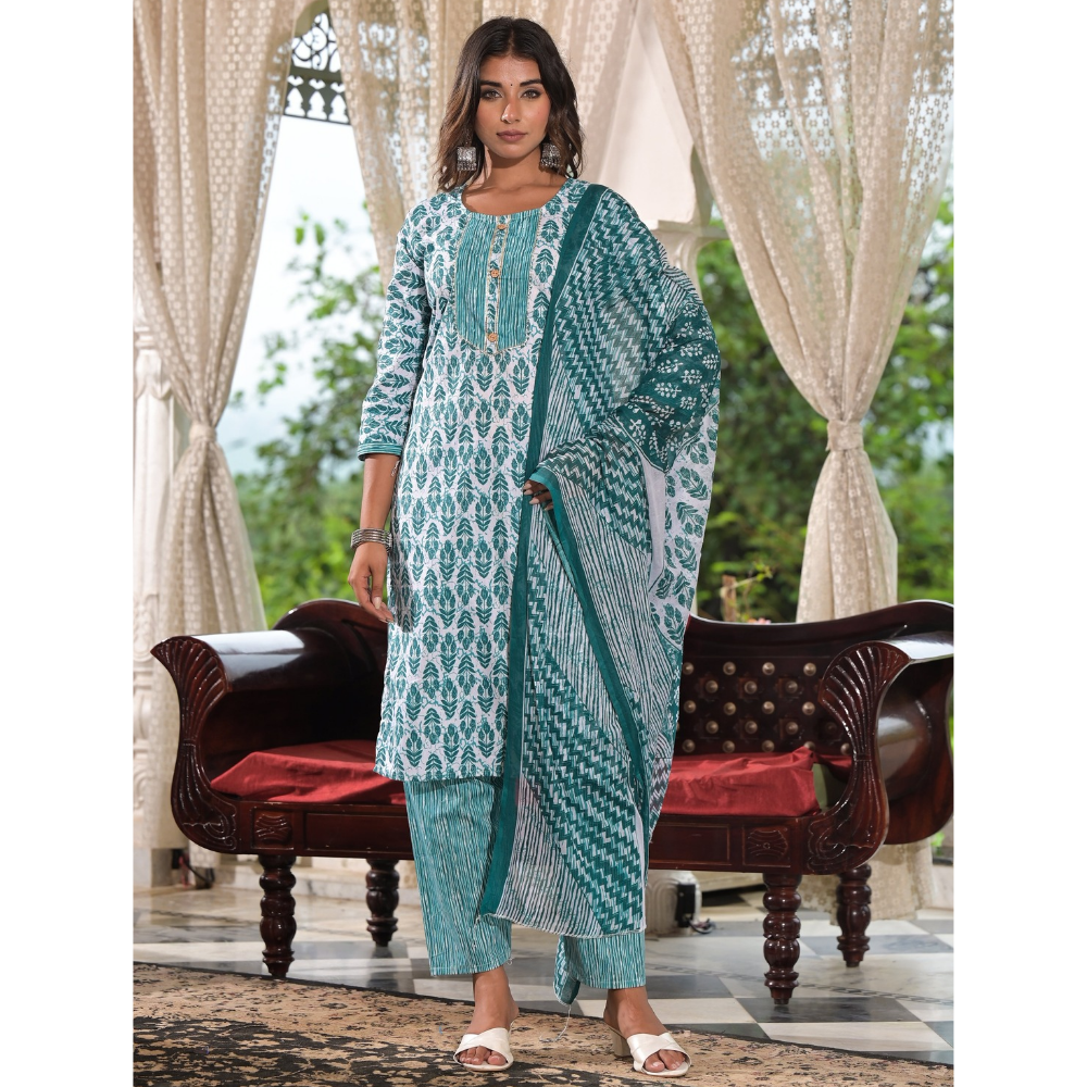 Women's Cotton Blend Printed Straight Kurta - Pant with Dupatta Set (Pack of 1)