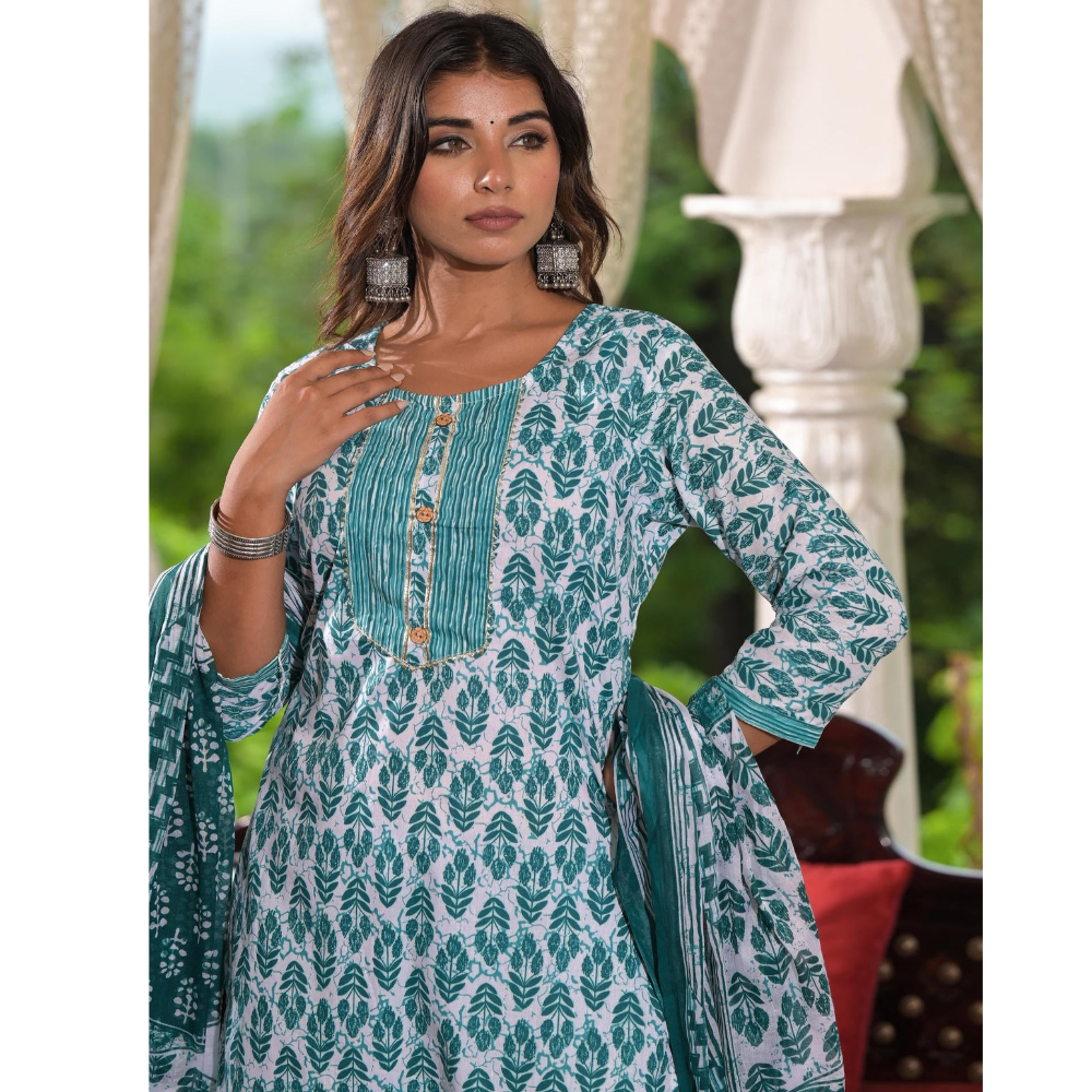 Women's Cotton Blend Printed Straight Kurta - Pant with Dupatta Set (Pack of 1)