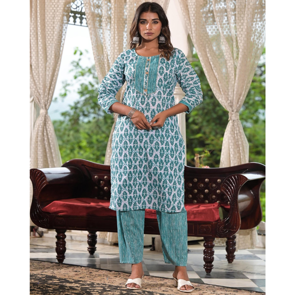 Women's Cotton Blend Printed Straight Kurta - Pant with Dupatta Set (Pack of 1)