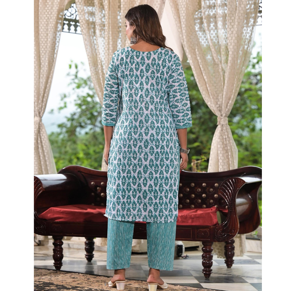 Women's Cotton Blend Printed Straight Kurta - Pant with Dupatta Set (Pack of 1)