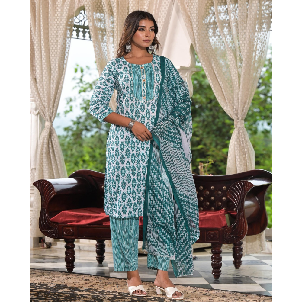 Women's Cotton Blend Printed Straight Kurta - Pant with Dupatta Set (Pack of 1)