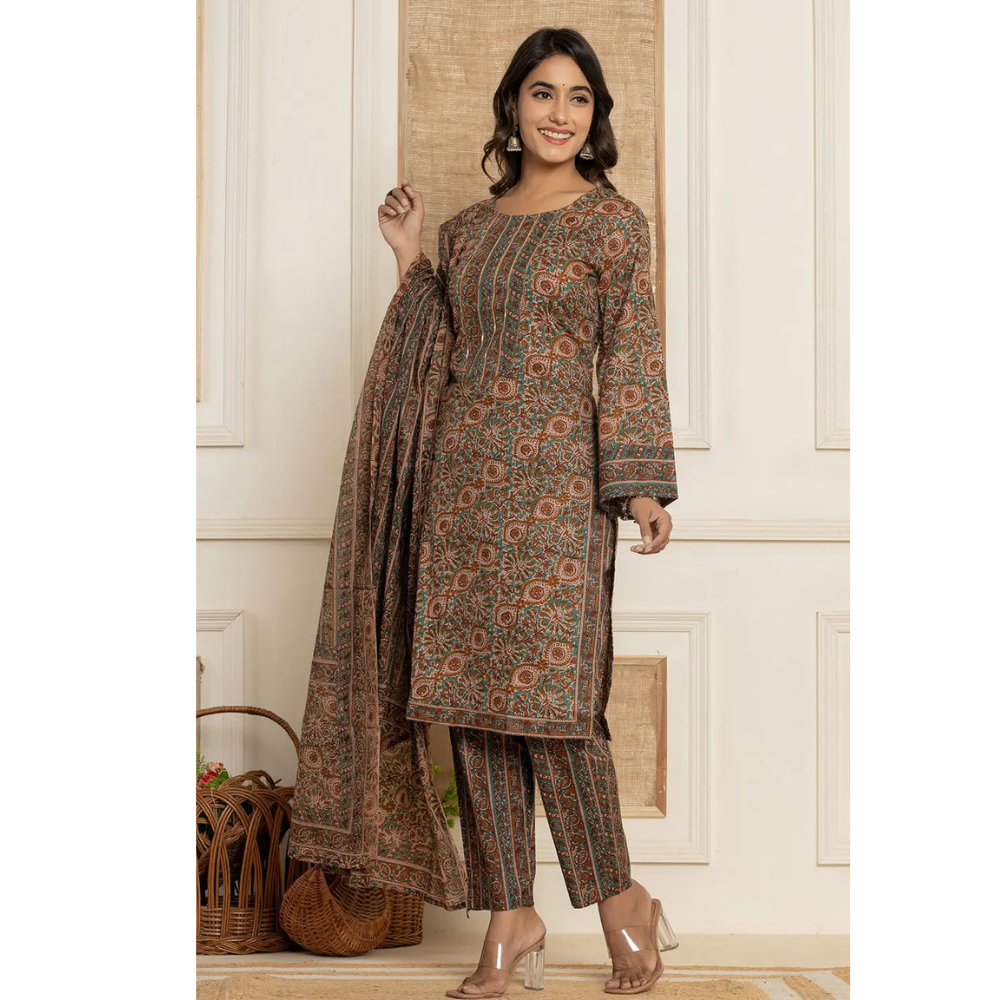Women's Cotton Blend Teracotta  Printed Straight Kurta - Pant with Dupatta Set (Pack of 1)