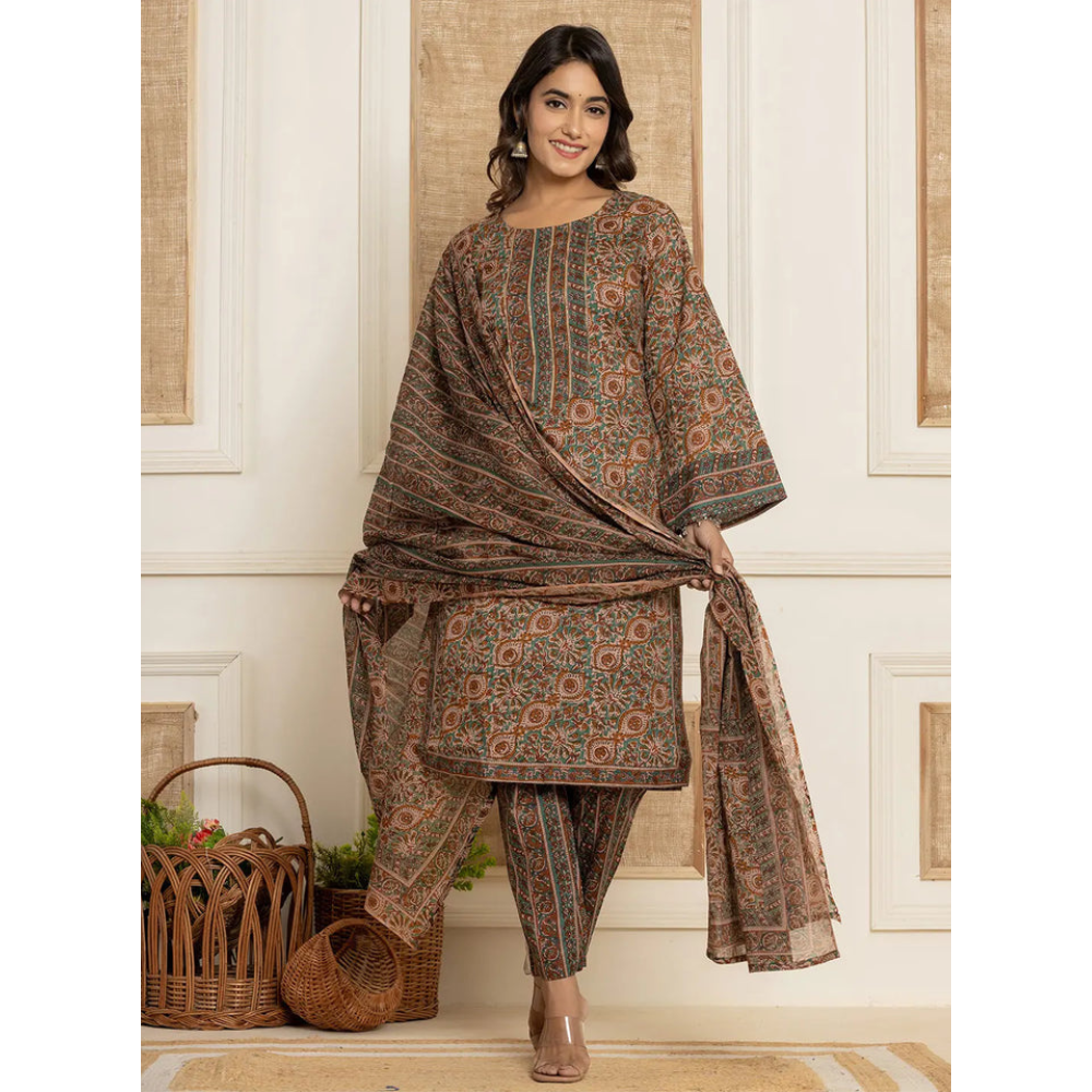 Women's Cotton Blend Teracotta  Printed Straight Kurta - Pant with Dupatta Set (Pack of 1)