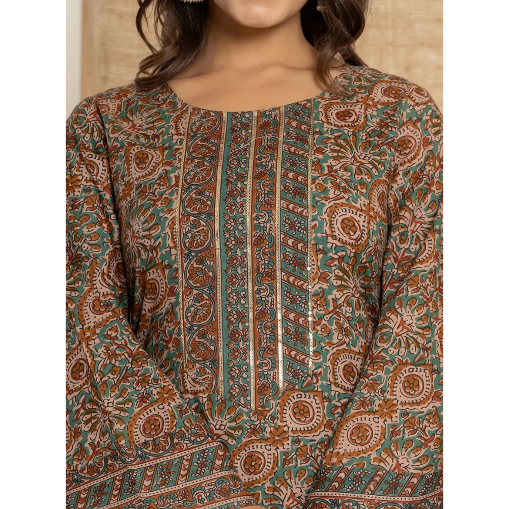 Women's Cotton Blend Teracotta  Printed Straight Kurta - Pant with Dupatta Set (Pack of 1)