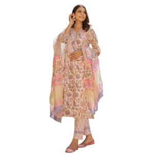 Women's Cotton Blend Printed Straight Kurta - Pant with Dupatta Set (Pack of 1)