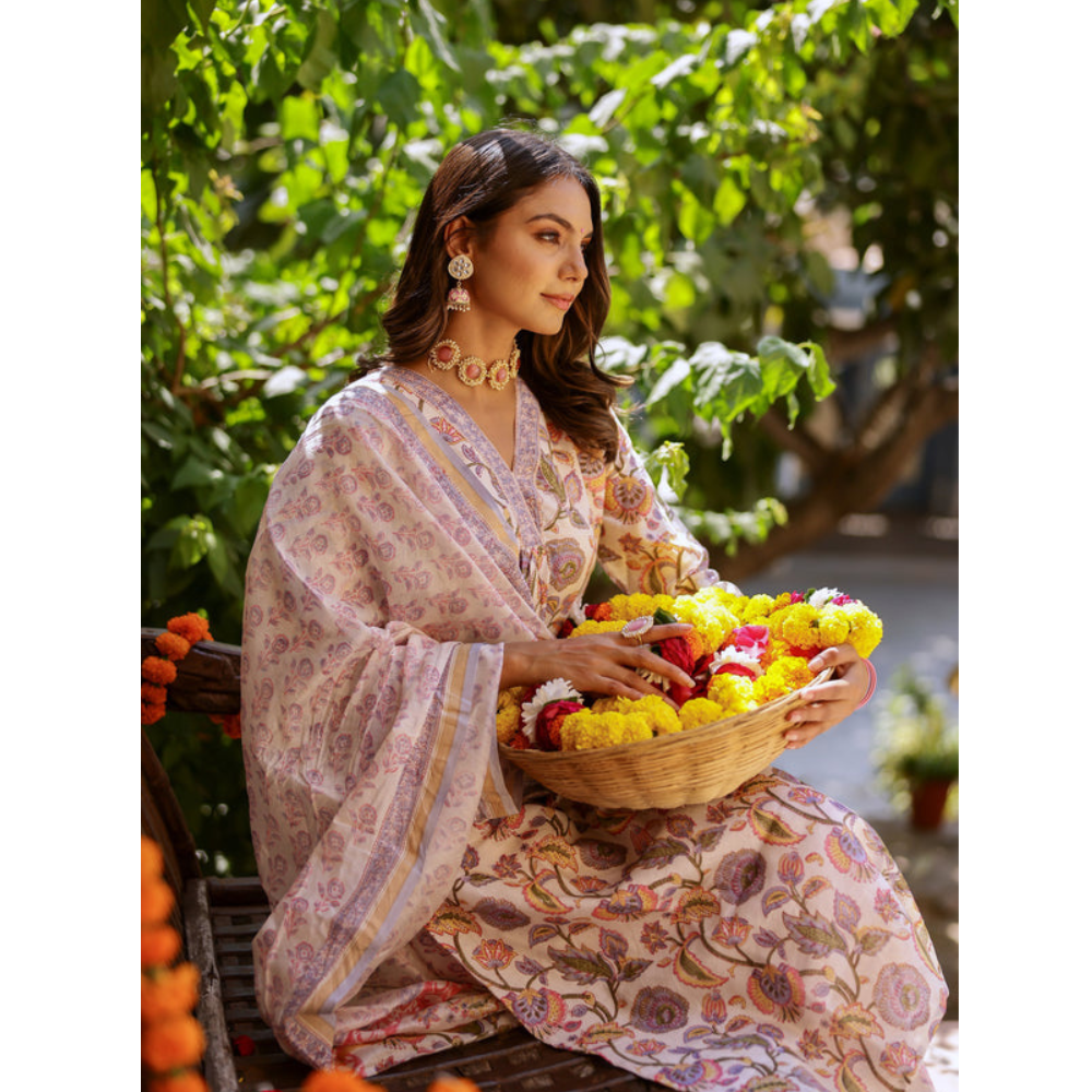 Women's Cotton Blend Printed Straight Kurta - Pant with Dupatta Set (Pack of 1)