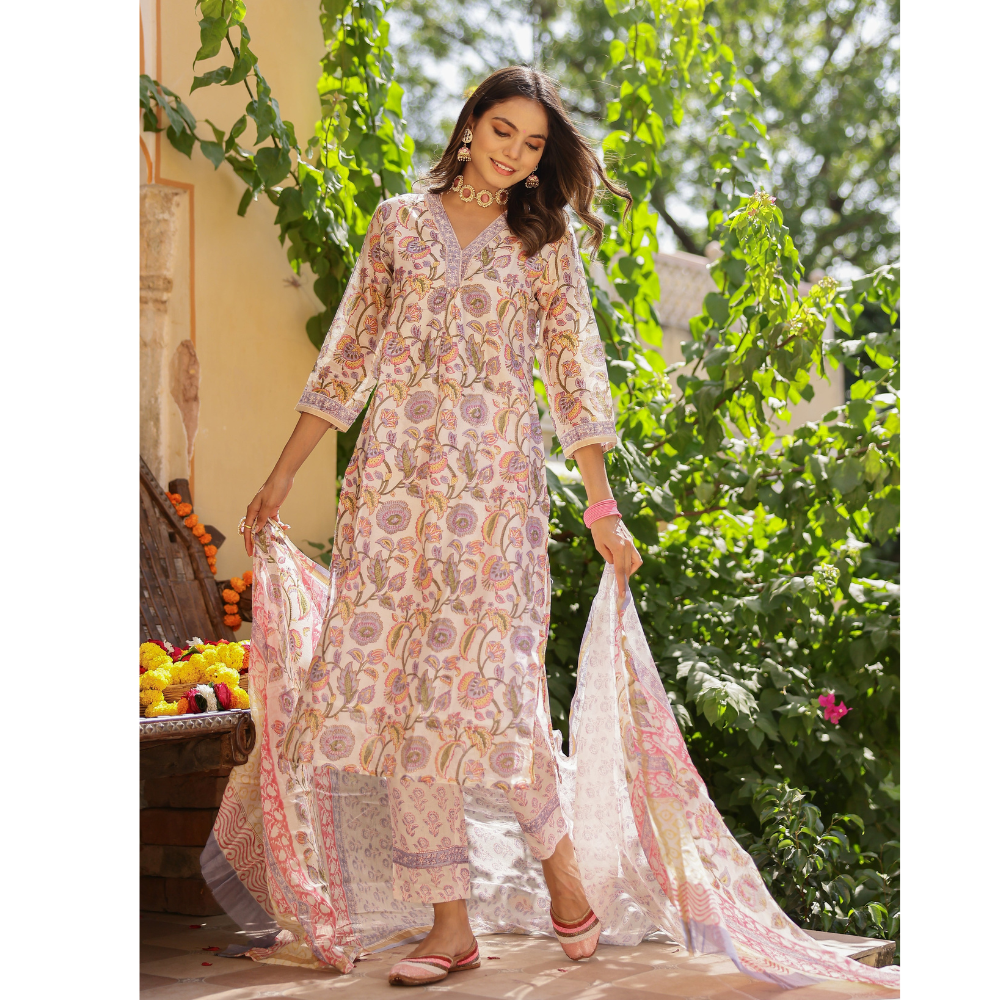 Women's Cotton Blend Printed Straight Kurta - Pant with Dupatta Set (Pack of 1)