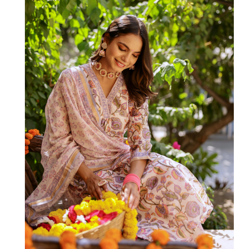 Women's Cotton Blend Printed Straight Kurta - Pant with Dupatta Set (Pack of 1)