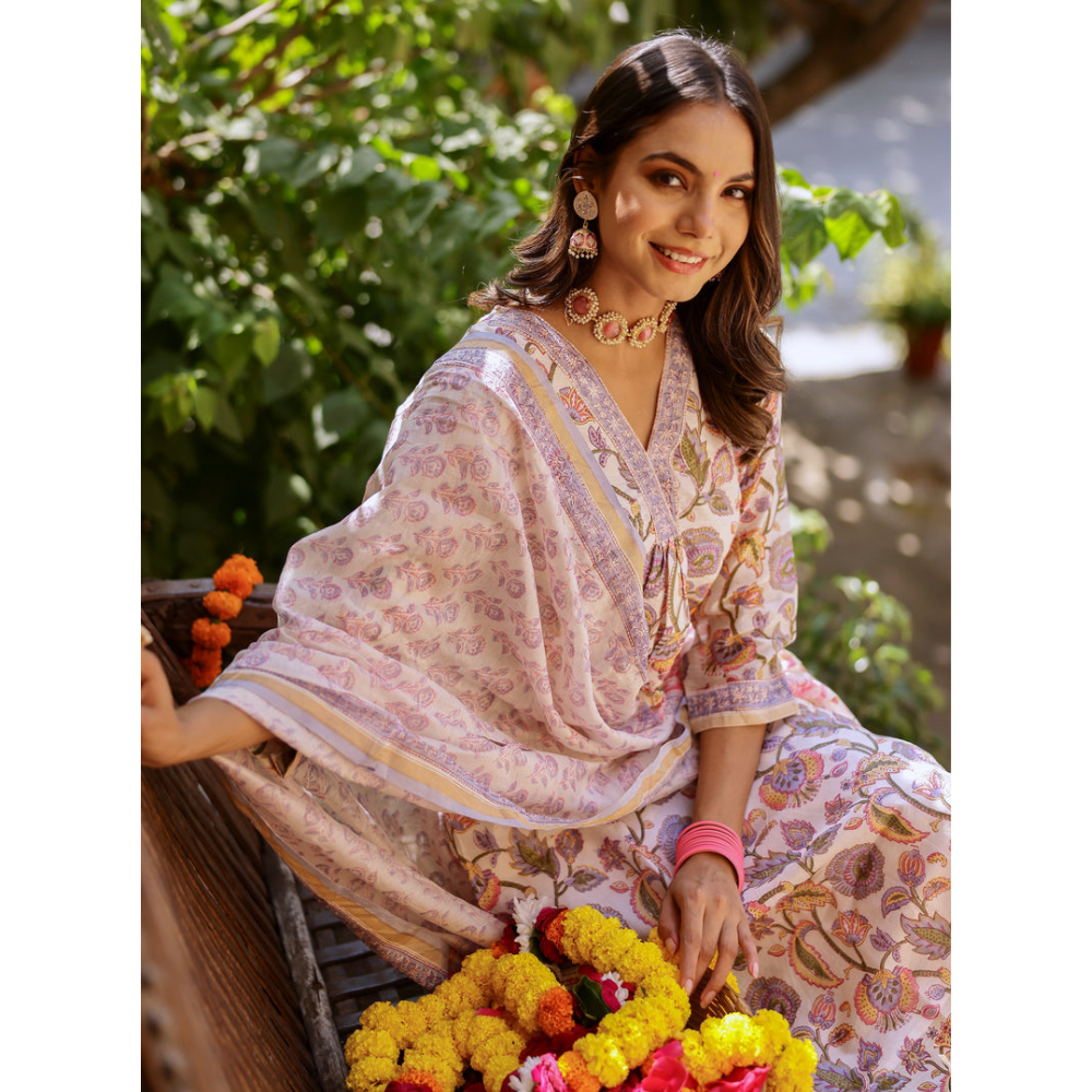 Women's Cotton Blend Printed Straight Kurta - Pant with Dupatta Set (Pack of 1)