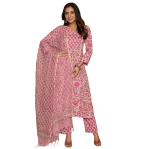 Women's Cotton Blend Rose Printed Straight Kurta - Pant with Dupatta Set (Pack of 1)