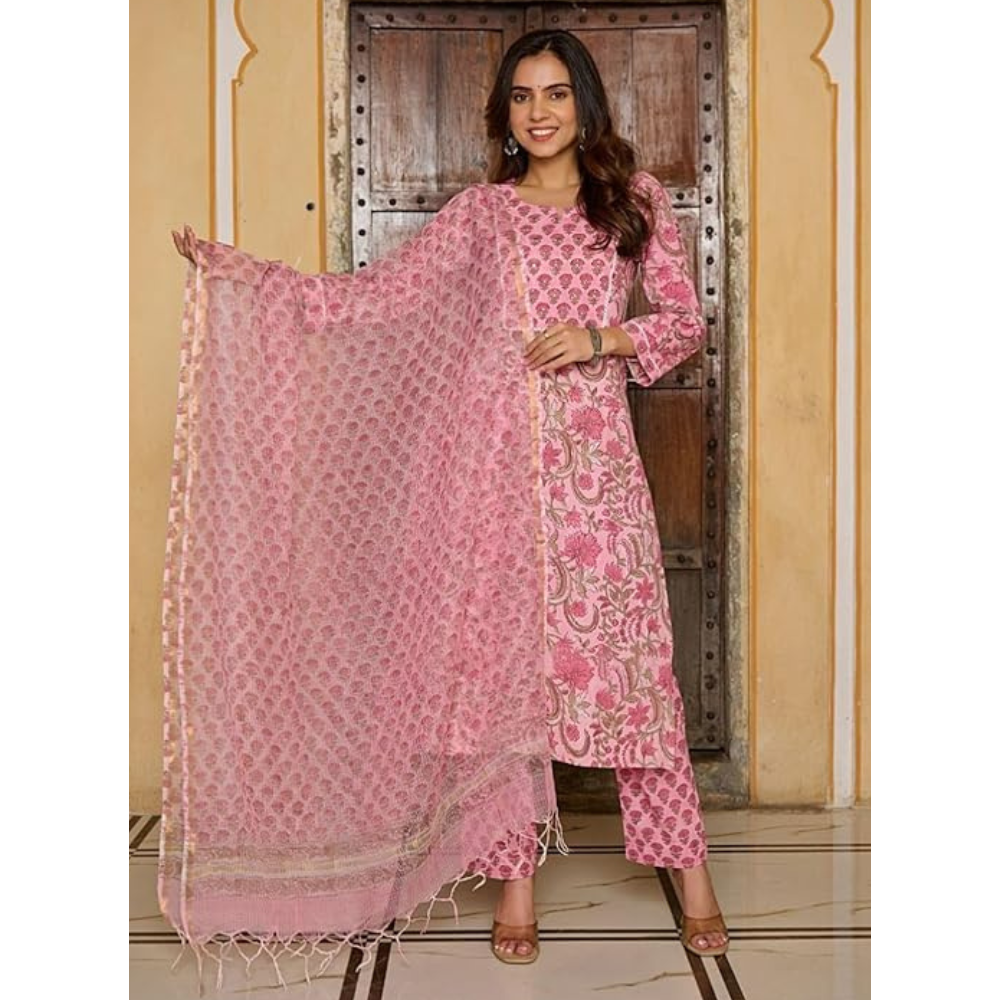 Women's Cotton Blend Rose Printed Straight Kurta - Pant with Dupatta Set (Pack of 1)