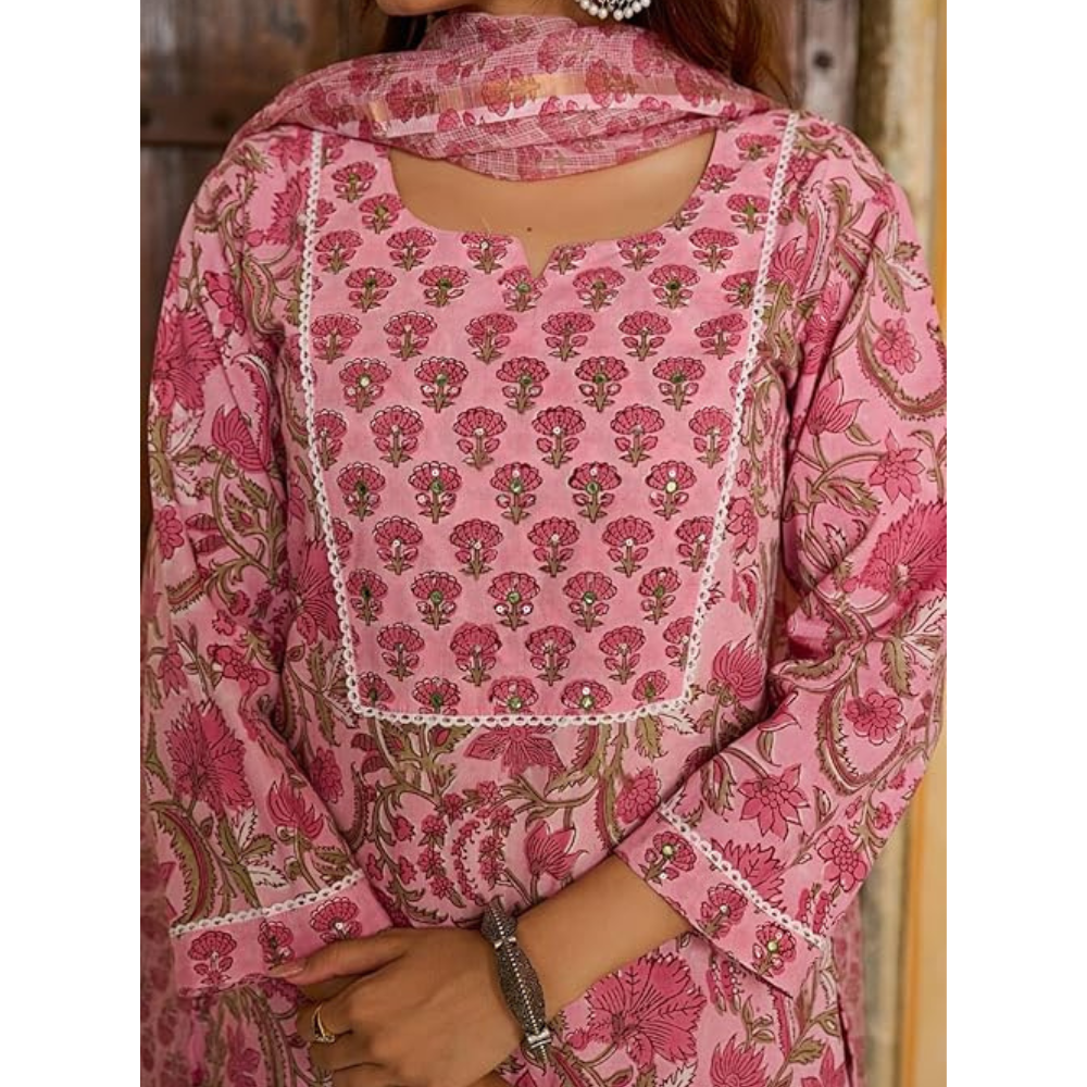 Women's Cotton Blend Rose Printed Straight Kurta - Pant with Dupatta Set (Pack of 1)