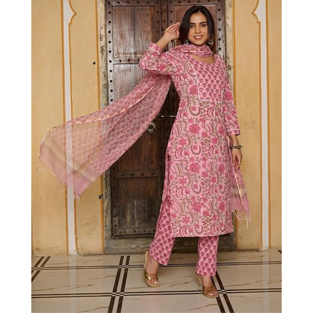 Women's Cotton Blend Rose Printed Straight Kurta - Pant with Dupatta Set (Pack of 1)