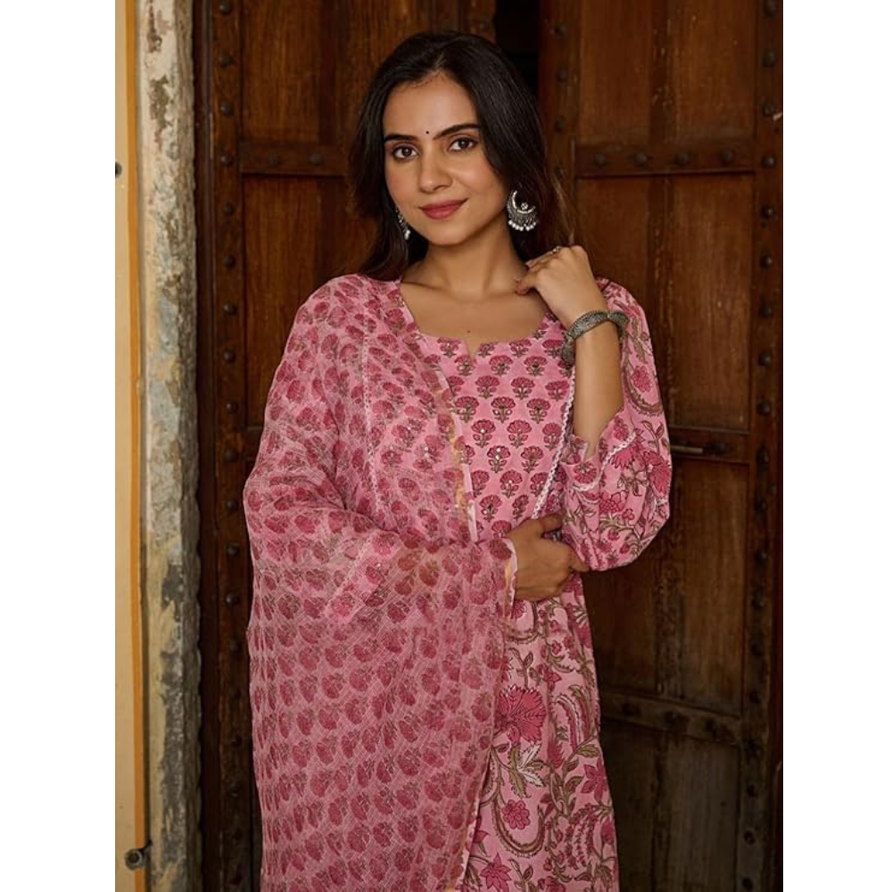 Women's Cotton Blend Rose Printed Straight Kurta - Pant with Dupatta Set (Pack of 1)