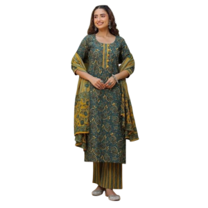 Women's Cotton Blend Printed Straight Kurta - Pant with Dupatta Set (Pack of 1)