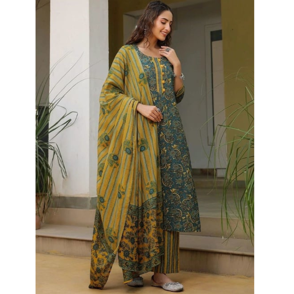 Women's Cotton Blend Printed Straight Kurta - Pant with Dupatta Set (Pack of 1)