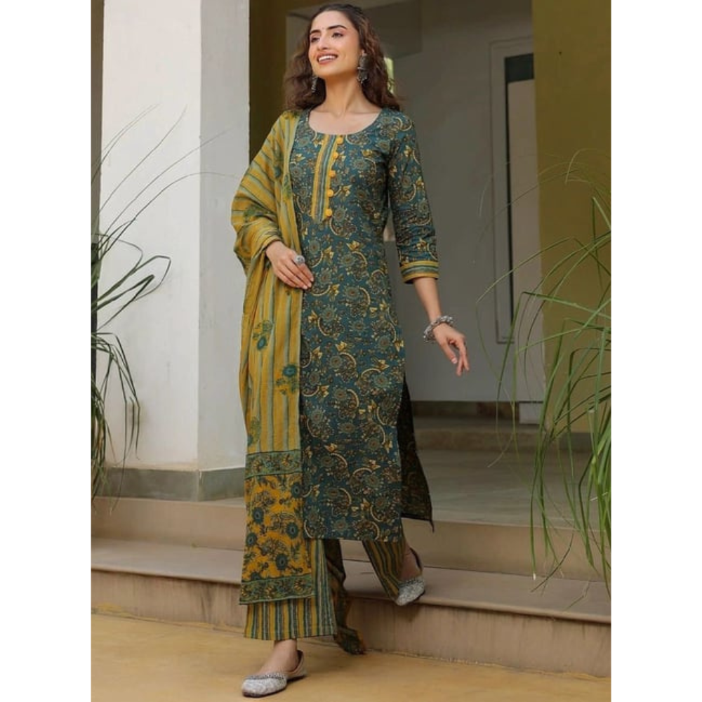 Women's Cotton Blend Printed Straight Kurta - Pant with Dupatta Set (Pack of 1)