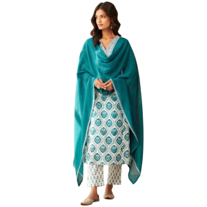 Women's Cotton Blend Floral Printed Straight Kurta - Pant with Dupatta Set (Pack of 1)