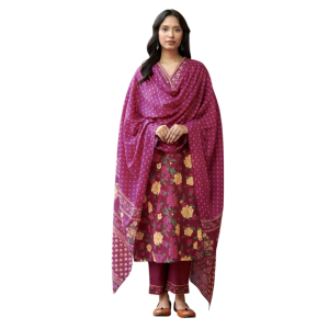 Women's Cotton Blend Printed Straight Kurta - Pant with Dupatta Set (Pack of 1)